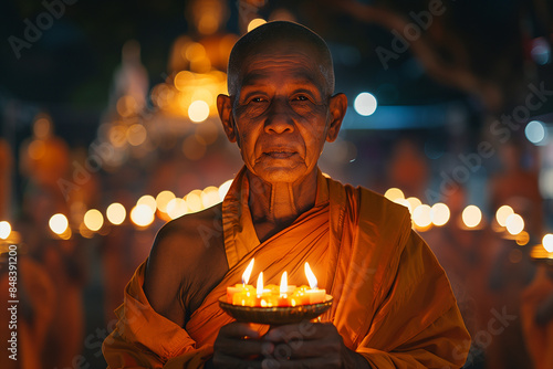 Buddhist Monks Holding Candles During Night Ceremony