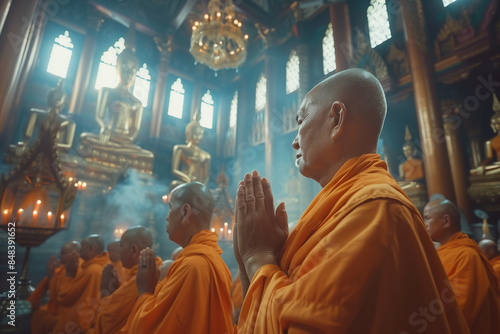 Buddhist Monks Praying in a Temple in Thailand