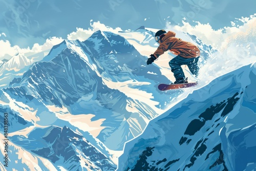 vector of Snowboarder performing a high jump trick in mid-air against a clear blue sky