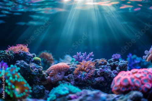 Underwater view with corals and marine organisms, light rays shining through the water