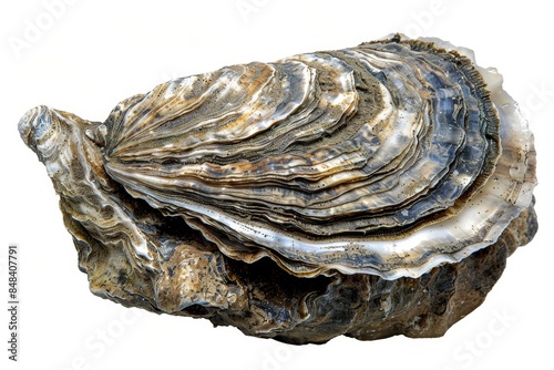 Close-up of a single oyster shell isolated on white background, capturing natural textures and layers in high detail, white background