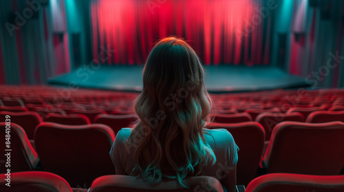 Mulher sentada na primeira fila de um cinema em uma sala vazia. A garota está assistindo a um filme sozinha.