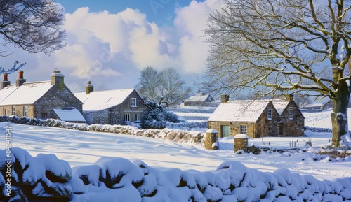 Beautiful winter countryside in North Lewis and built up with stone buildings, snowy fields, hills and forest in the background