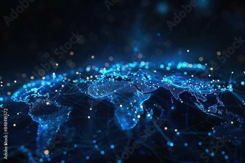 Technology network background illustrating global connectivity with digital data points and glowing lines over a dark blue world map.