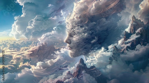 A human form merging with a rugged mountain landscape, with swirling winds and floating clouds forming part of the body.