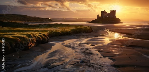 deserted Castle on high ground overlooking an ultra long sand beach with water running down its edge, with grassy dunes and the sea in the background at sunset. The sun is setting casting warm hues