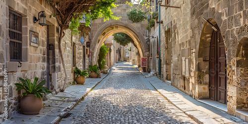 narrow alleyway in a European city, where the sun casts a warm glow on the stone pavement.