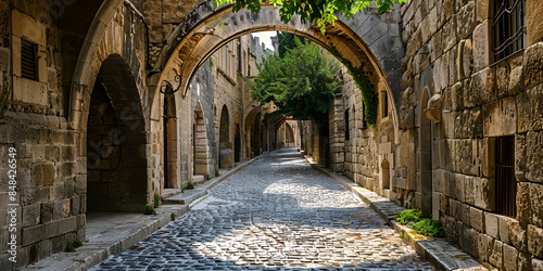 narrow alleyway in a European city, where the sun casts a warm glow on the stone pavement.