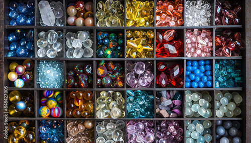 Glass crystal beads in compartment box for crafting own jewelry, close up, top down view. Multi-colored and multi-shaped beads