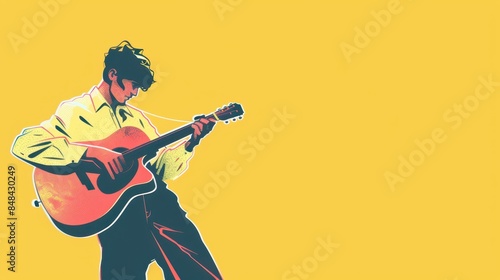 a playing an acoustic guitar on a yellow background