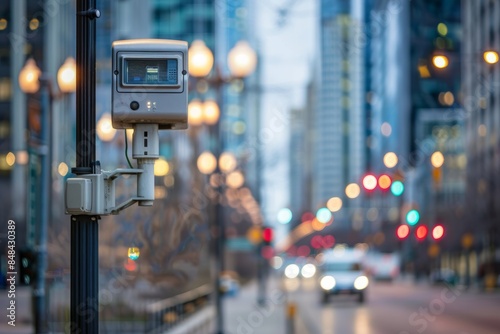 A security camera mounted on a pole in a city street, with the background showing a busy city with tall buildings, traffic, and streetlights