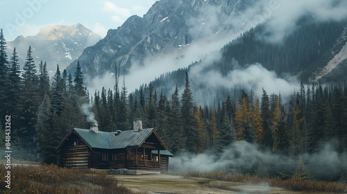 Capturing the peaceful solitude of a lone mountain cabin nestled among towering pines, with smoke curling from its chimney into the crisp alpine air 