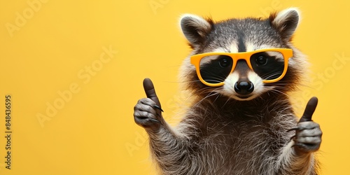 a raccoon wearing sunglasses and giving a thumbs up sign with his fingers up
