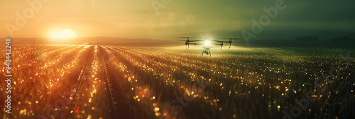 Drone flying over crops, spraying fertilizer during a stunning sunrise