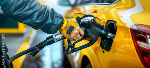 Man driver hand refilling and pumping gasoline oil the car with fuel at he refuel station. Car refueling on petrol station. Fuel pump at station. 