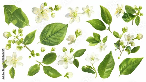 Collection of delicate jasmine flowers and lush green leaves. Botanical illustration style perfect for nature themes. Use in decor, design, or floral artwork. AI