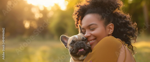 Happy mixed race woman cuddling French bulldog outdoors in a sunny green park