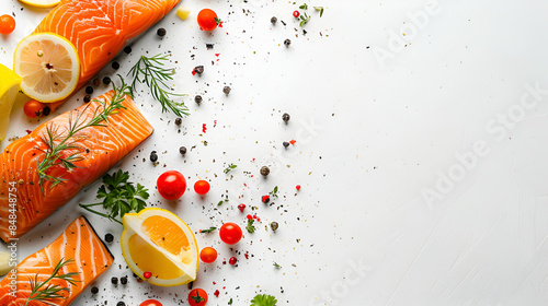 Slice of red fish salmon with lemon, rosemary isolated on white background with copy space for your text. Top view