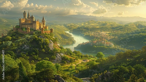 Medieval castle on a hilltop overlooking a serene valley with a river and picturesque town under a vibrant sky at sunset.