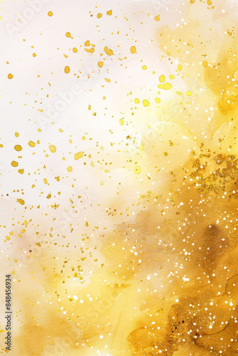 Abstract golden and white watercolor background with splatters and spots forming a dynamic and vibrant design....