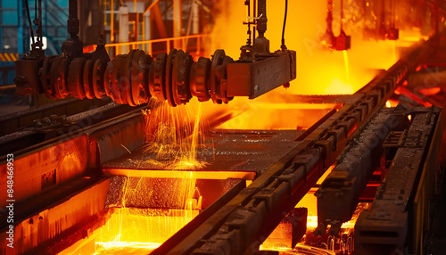 bustling steel factory where molten steel is being poured into molds, creating a mesmerizing display of flowing metal and precision work