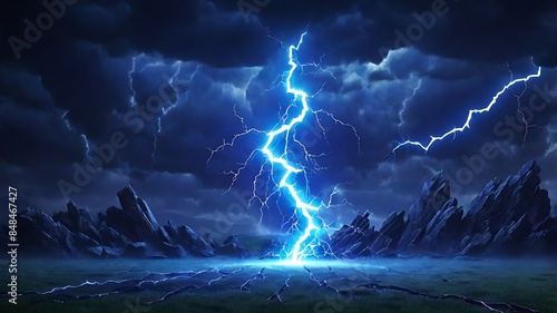 Bright lightning strikes the ground among the rocky plains