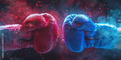 Red and blue gloves in boxing arena
