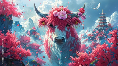 A white cow with a crown of pink flowers stands in a fantastical landscape with colorful flora and fauna