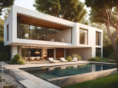 Une maison moderne de. luxe élégante avec piscine et jardin paysager. La piscine est entourée de chaises longues et de plantes en pot. 