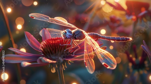 A close-up of a dragonfly resting on a vibrant flower with a soft bokeh background of glowing lights.