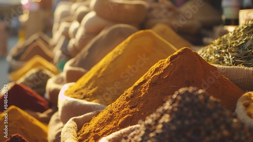 Vibrant spices in the market. Various colorful spices in sacks at the market.