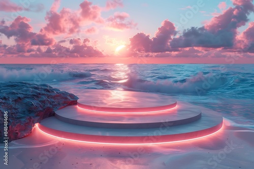 A minimalist podium stands on a beach at sunset, illuminated by neon pink lights, with the ocean and pink and blue sky in the background.