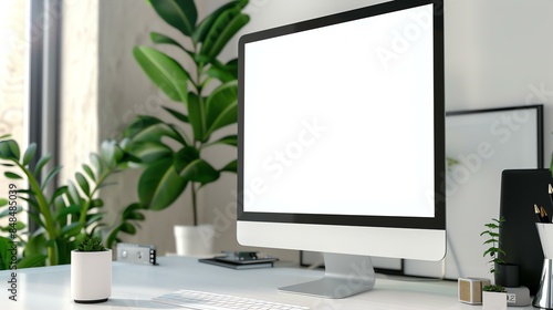 A desk with a computer, keyboard, mouse, and plants. The computer has a blank screen. The desk is made of wood and is painted white.