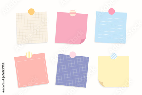 Bundle of pastel cute colorful paper note. Blank sticky note for message. Piece of different colored memo note template for reminder, announcement, advertising, information. Flat vector illustration.