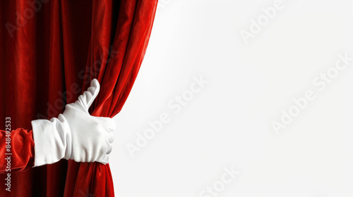 Gloved hand pulls back a lush red velvet curtain, symbolizing a grand reveal or the beginning of an event