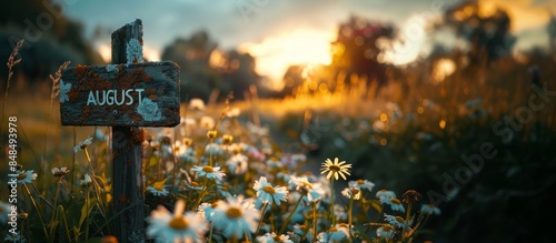 August Sign in Sunlit Flower Field. Weathered "August" sign amidst a sunlit field of flowers, highlighting the golden warmth and beauty of a late summer evening. Banner with copy space