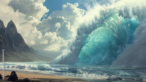 Greate Wave in ocean, tsunami crushing seashore