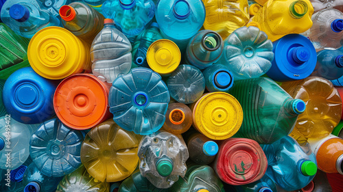 Multicolored plastic bottles of different sizes, top view. The concept of separate waste collection. Generated AI