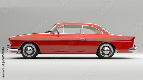 The image shows a classic red car from the 1950s or 1960s. It has a sleek design and is in pristine condition.