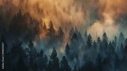 Dense smoke rising from raging wildfires in a forest, symbolizing the increasing frequency and intensity of wildfires due to climate change. Climate change