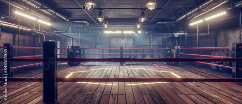 Boxing Ring square platform enclosed by ropes and corner posts, center stage for competitive bouts, showcasing athleticism, strategy, and adrenaline-pumping excitement under bright lights