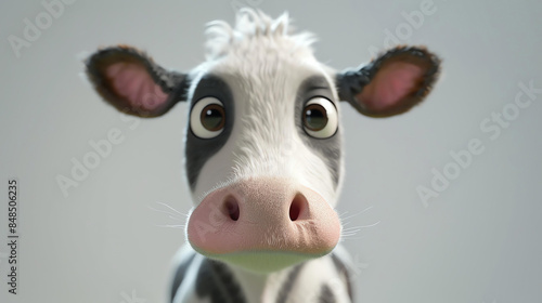 3D rendering of a cute cow face with big eyes and pink nose looking at the camera with a curious expression.