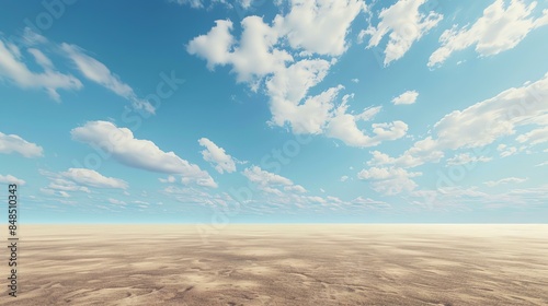 The image shows a vast expanse of desert with a clear blue sky and white clouds. The desert is flat and sandy, with no visible vegetation.