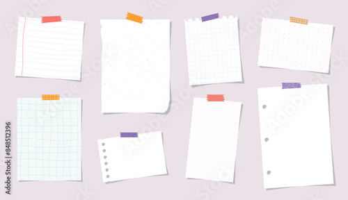 notes collection, set of empty note paper sheets with sticky tapes. Scrapbooking, print, template, planner design. EPS 10