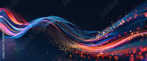 A modern, abstract digital art piece featuring two curved lines with multiple color streaks and dots, representing the flow of big data Generative AI
