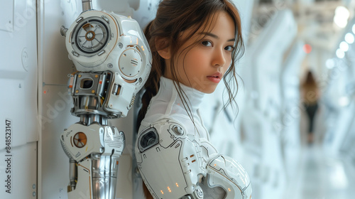 A full-length portrait of a robotic girl in a modern art style.
