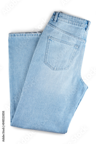 Denim blue jean, folded blue jeans pants back side with pocket isolated on white, transparent background, top view. Fashion concept, business, shopping, sale.