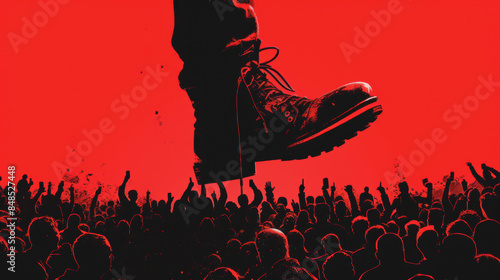 Dominance and Oppression: giant boot crushing silhouetted crowd against a stark red background.