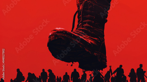 Dominance and Oppression: giant boot crushing silhouetted crowd against a stark red background.