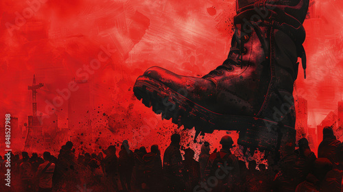 Dominance and Oppression: giant boot crushing silhouetted crowd against a stark red background.